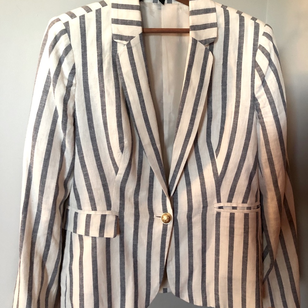 Harve Bernard Linen Blend Navy White Stripe Blazer